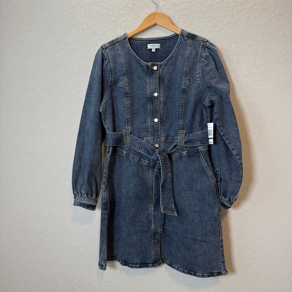 Habitual Fit and Flare Long Sleeve Denim Blue Jean Tie Waist Dress Size L NEW - Picture 1 of 8
